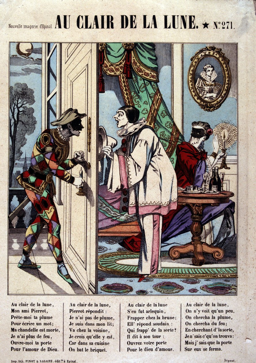 Pjerrot, Harlekin og naboen, ill. af sangen "Au clair de la lune", billede af Epinal af French School