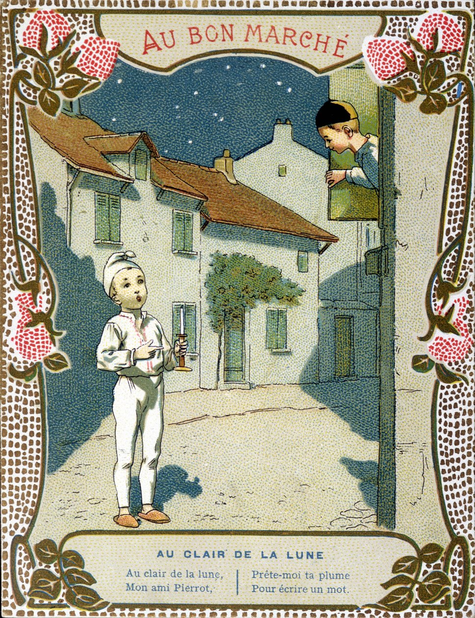 Pjerrot med stearinlyset, "" Au clair de la lune"" - etiket af "Le Bon Marché"" af French School