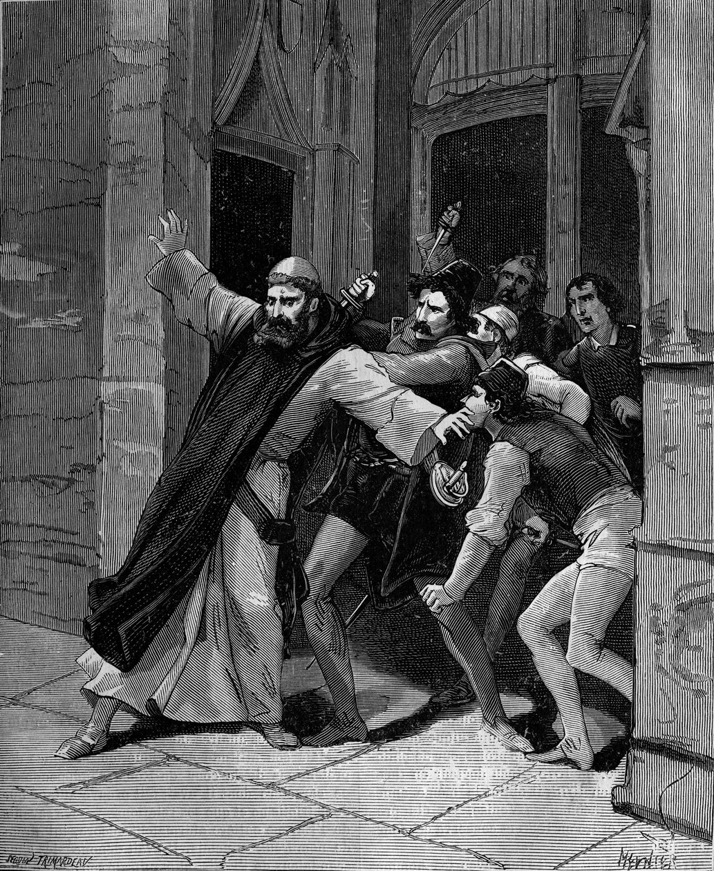 Pietro Paolo Sarpi, kendt som Fra Paolo, af Mariatjenerordenen (1552-1623) venetiansk historiker sår af lejemordere den 5. oktober 1607 i Venedig. af French School