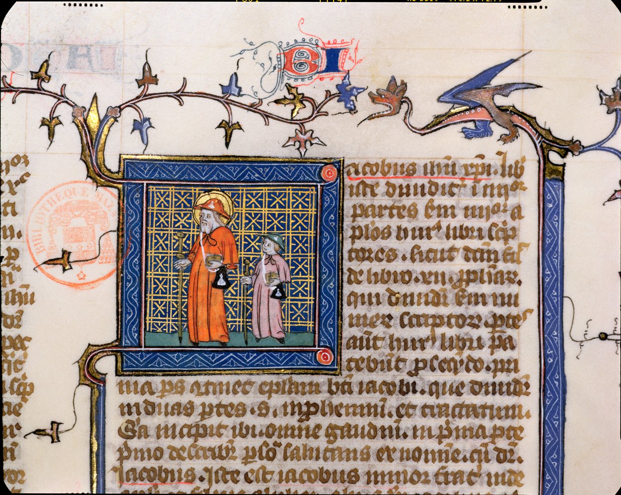 Pilgrimme fra Santiago de Compostela, detalje af en historisk initial af French School