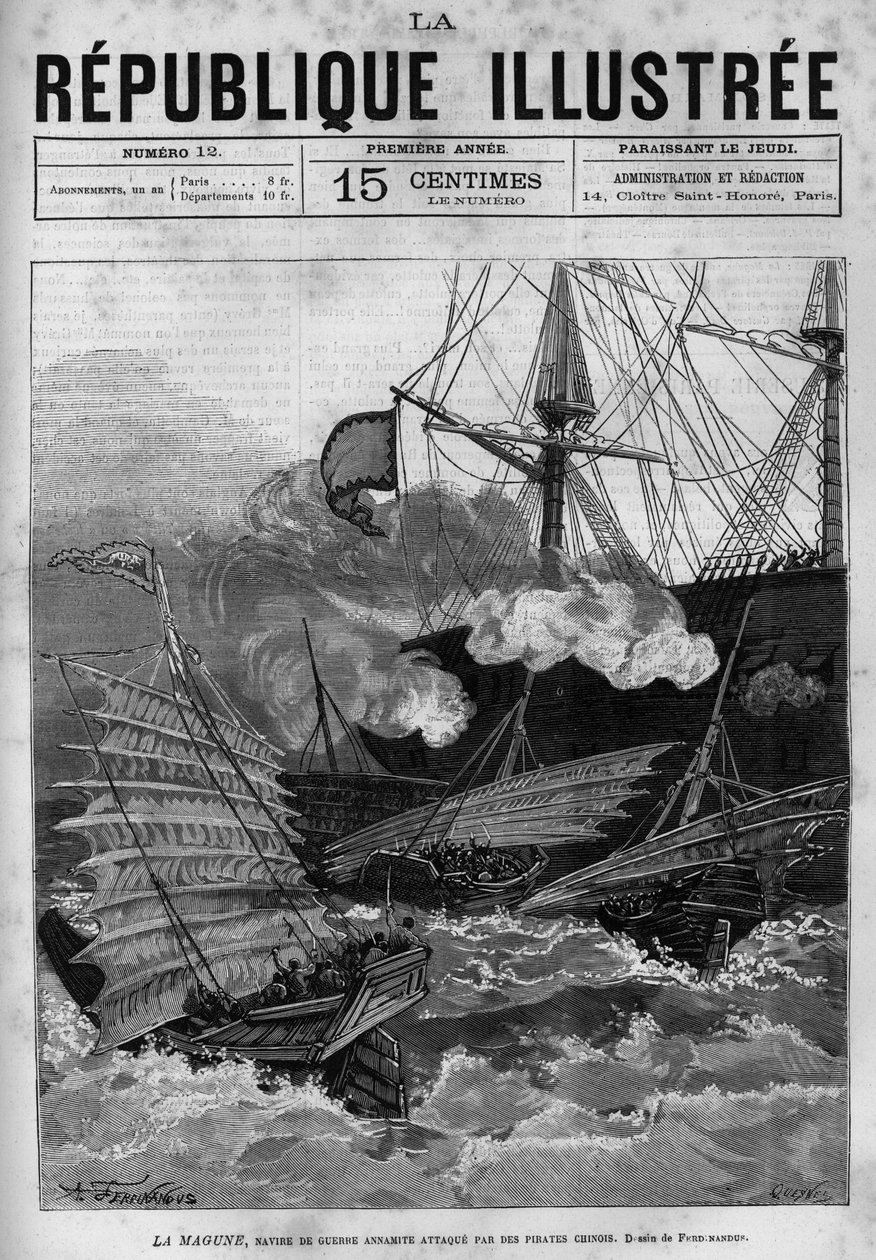 Piratkopiering: Annamit-krigsskibet ""La Magune"" angrebet af kinesiske pirater. En avis. Indgravering fra 1880 i "La republique illustree"" privatsamling. af French School