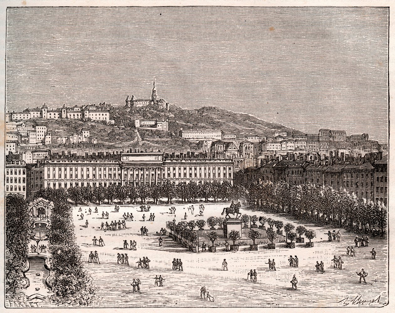 Place Bellecour eller Place Louis-le-Grand - den største plads i Lyon - indgravering i "La France illustrée: geografi, historie, statistisk administration" af V.-A. Malt brun. 1884 af French School