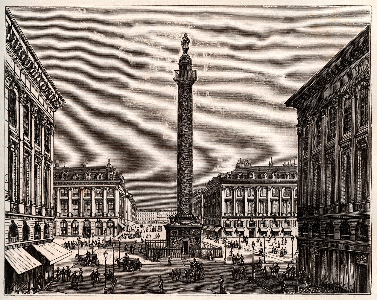 Place Vendome i Paris i det 19. århundrede - indgravering i "La France illustrée: geografi, historie, statistisk administration" af V.A. Malt-Brown. 1884 af French School