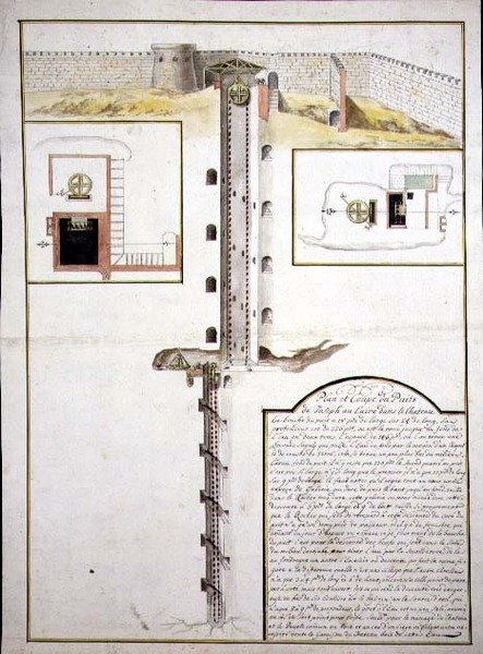Plan og tværsnit af en brønd, ca.1700 (akvarel på papir) af French School