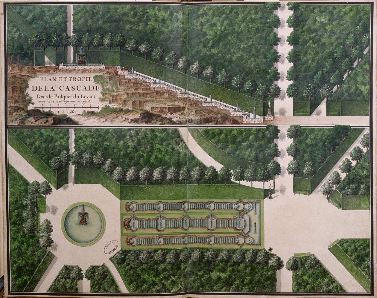 Plan og tværsnit af kaskaden i Levantens lund, fra Gardens at Marly, begyndelsen af det 18. århundrede (wc på papir) (se også 174228) af French School