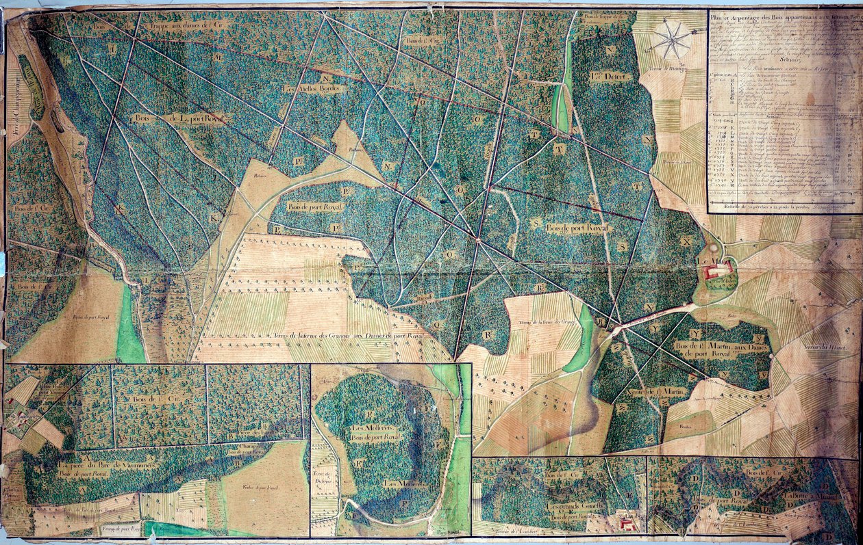 Planlægning og opmåling af skovene tilhørende nonnerne i Port Royal des Champs (Port-Royal-des-Champs) 1723 Paris, Archives nationales af French School