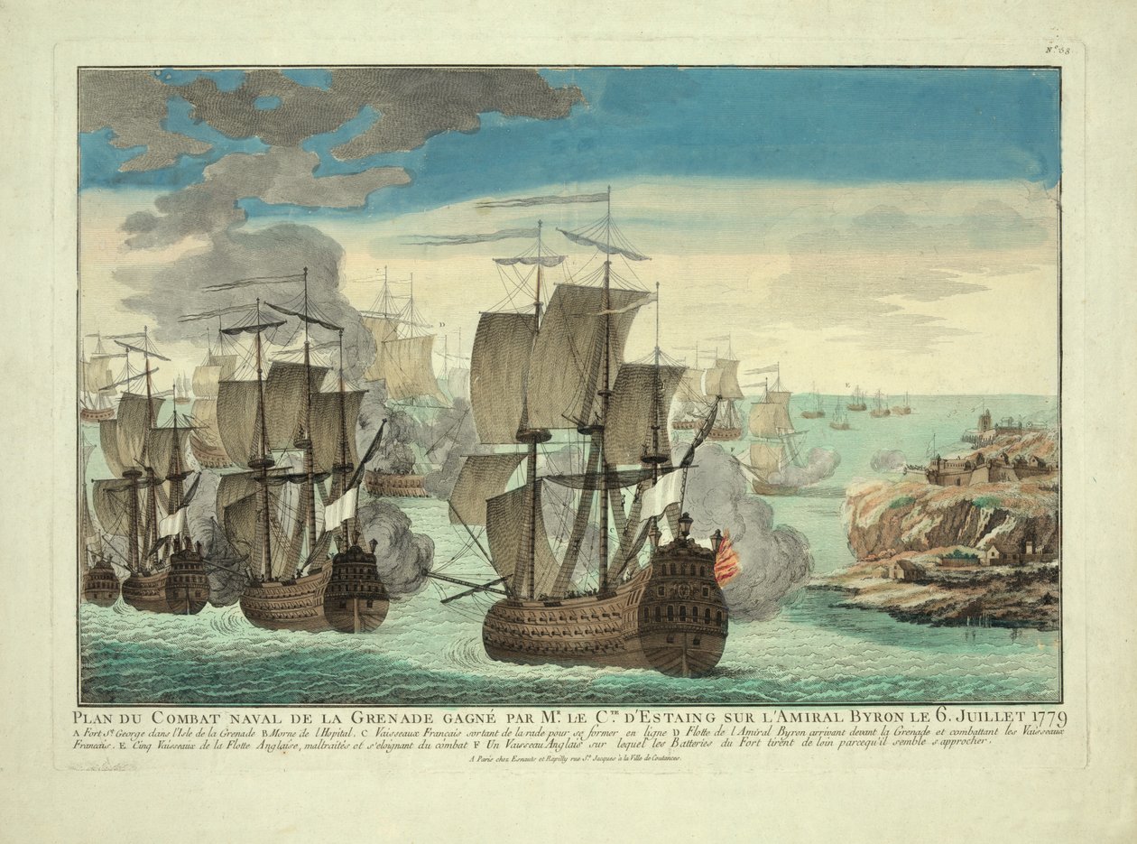 Grenada Naval Combat Plan vundet af Mr. Cte. D"Estaing på Admiral Byron den 6. juli 1779, pub. 1779 af French School