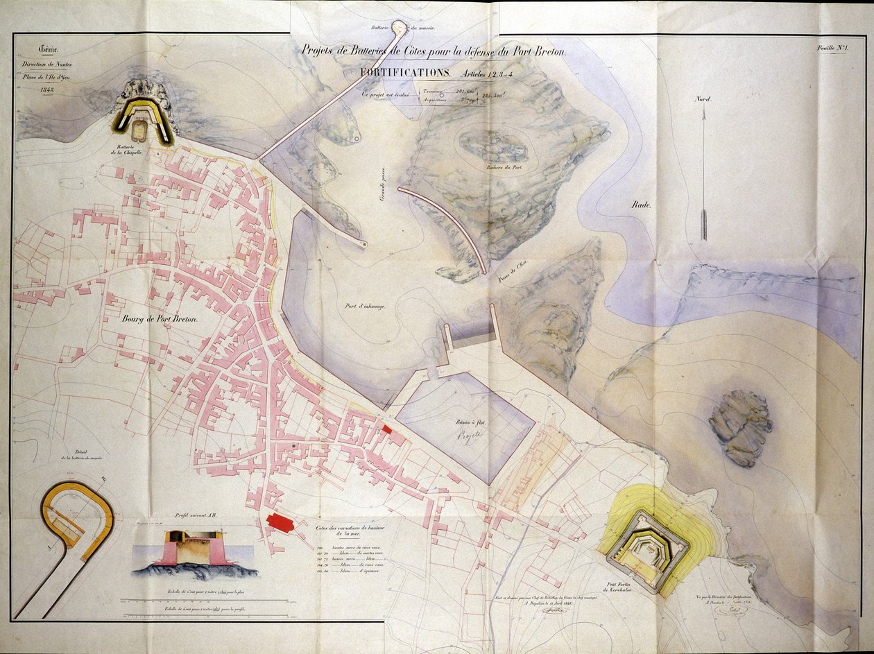 Plan for opførelsen af kystbatterierne til forsvaret af Bretons havn i 1848. af French School