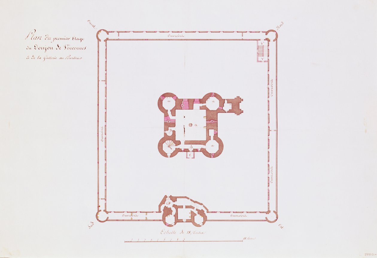 Plan for første sal i Donjon i Vincennes, 1810 (pen og blæk på papir) af French School