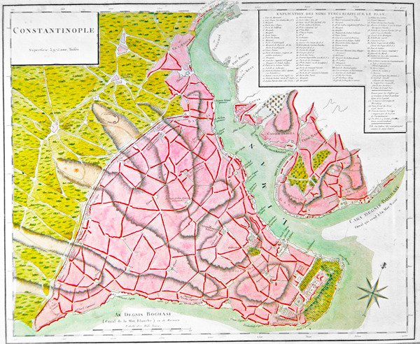 Plan af Konstantinopel (håndfarvet gravering) af French School