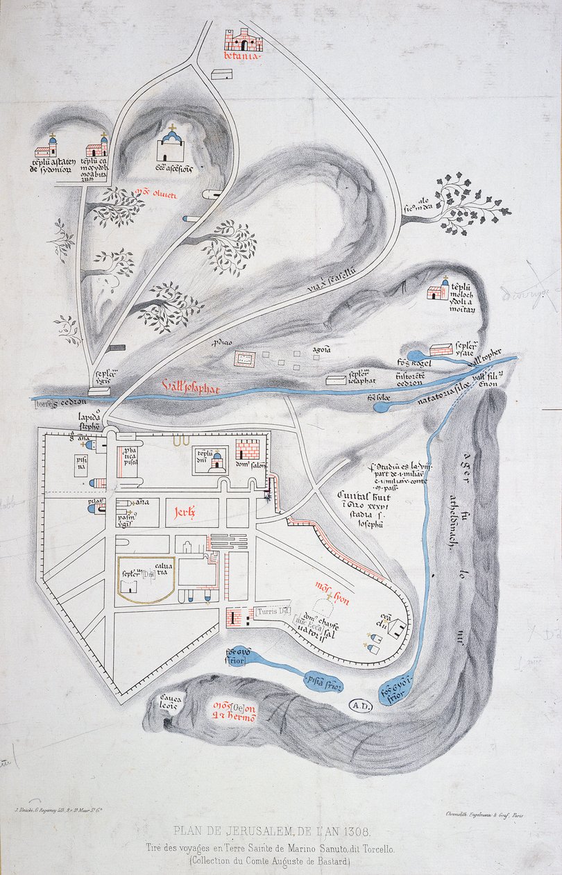 Plan over Jerusalem i 1308, illustration fra en faksimileudgave af Liber de Expedition Terrae Sanctae af Marino Sanuto di Torcello (ca. 1260-1338) af French School