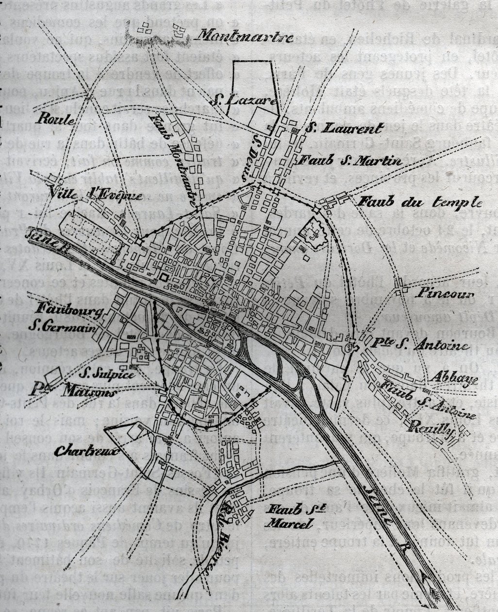 Kort over Paris under Henri III (1580) Indgravering i ""Paris fysiske, civile og moralske historie: fra de tidligste historiske tider til i dag"" af Jacques Antoine Dulaure af French School