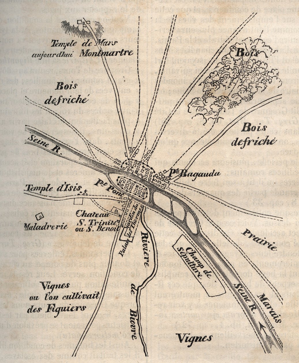 Paris Plan under Merovingerne - Indgravering i "" Fysisk, civil og moralsk historie i Paris: fra de tidligste historiske tider til i dag" af Jacques Antoine Dulaure af French School