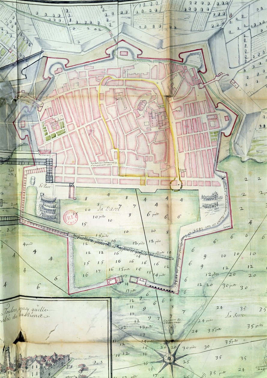Plan over Toulon, 1669 (pen & blæk og wc på papir) af French School
