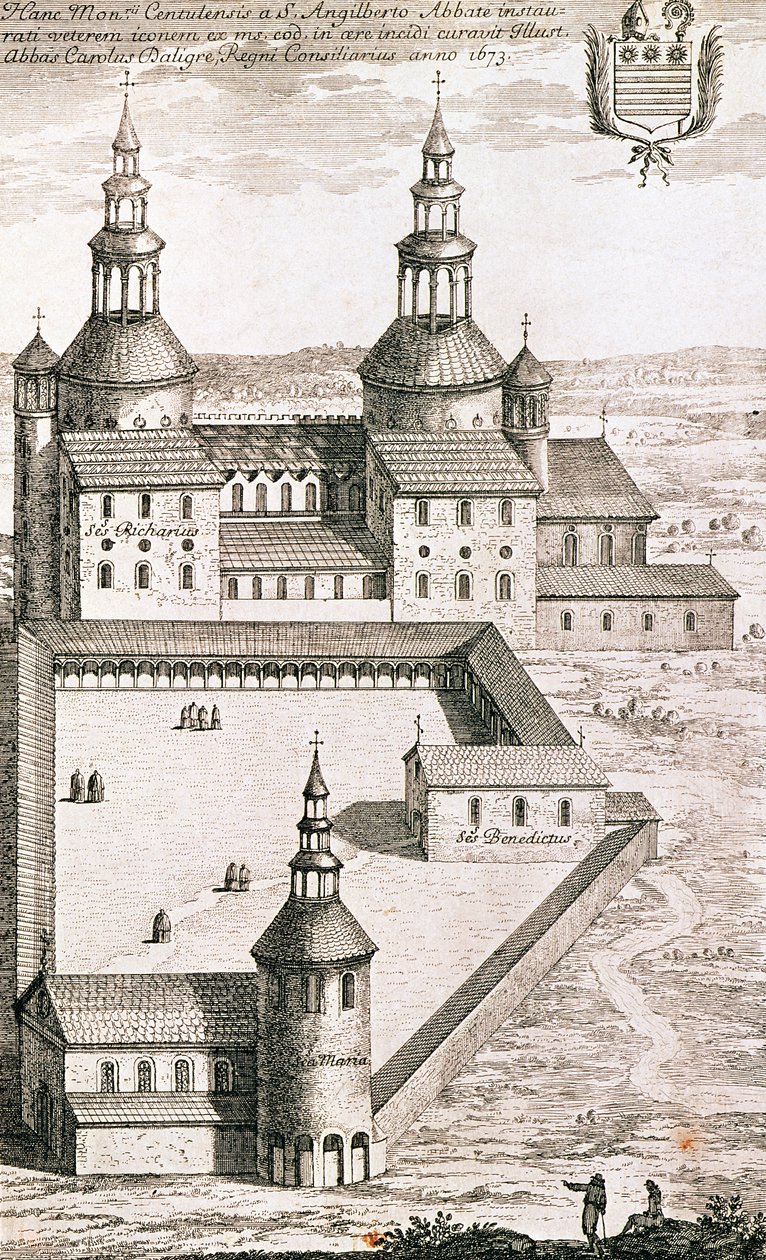 Plan for benediktinerklosteret Saint-Riquier i 1673 af French School