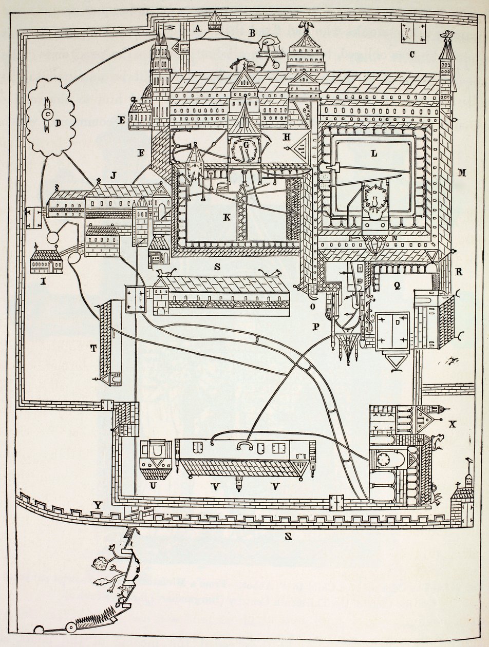Plan over benediktinerklosteret i Canterbury i det 12. århundrede, fra militært og religiøst liv i middelalderen af Paul Lacroix, udgivet i London ca. 1880 af French School