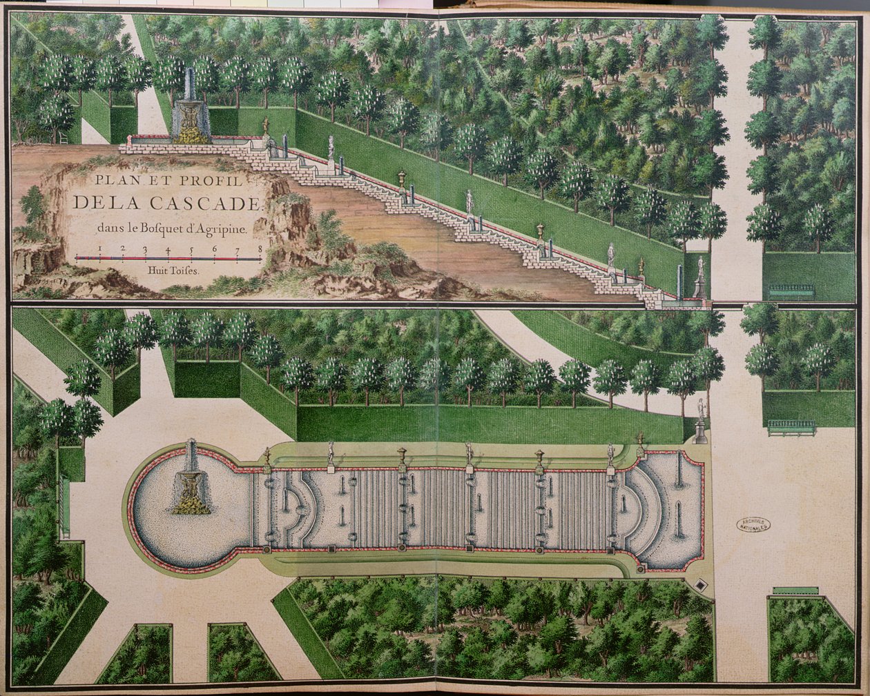 Plan over Cascade in the Grove of Agrippina, fra Gardens at Marly, begyndelsen af det 18. århundrede (wc på papir) (se også 163976) af French School