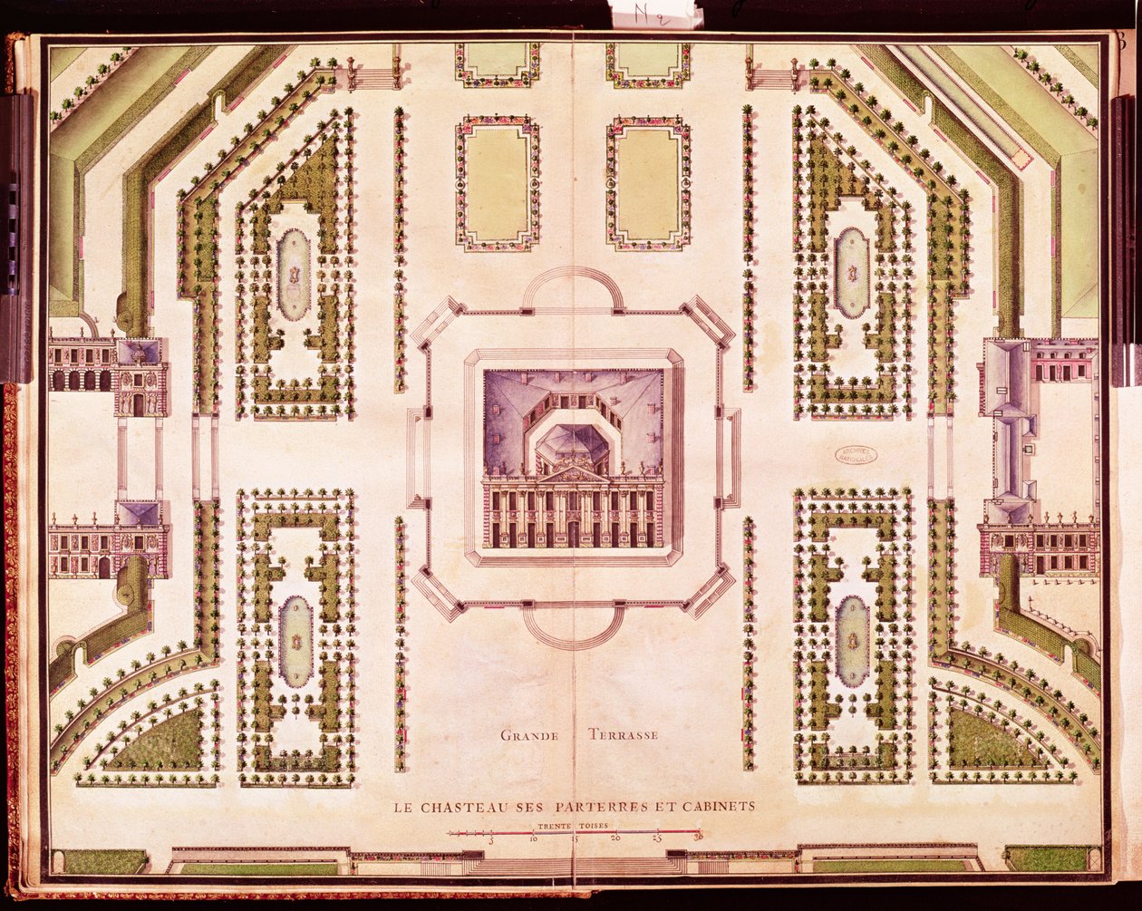 Plan over den store terrasse på Chateau de Marly, 1714 af French School