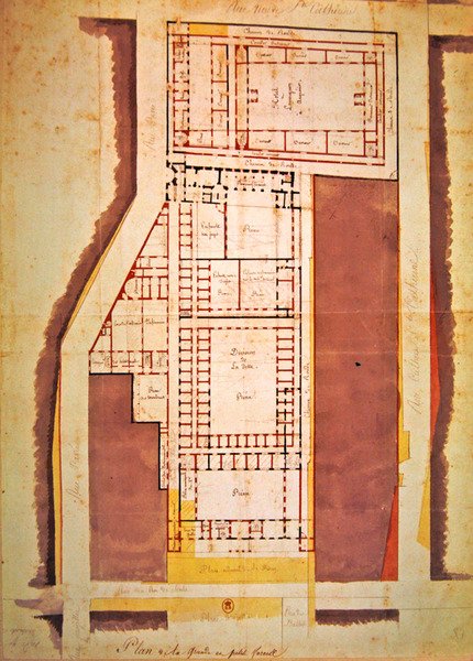 Plan over Grande og Petite Force fængslet, rue du Roi de Sicile, Paris (blæk og vask på papir) af French School