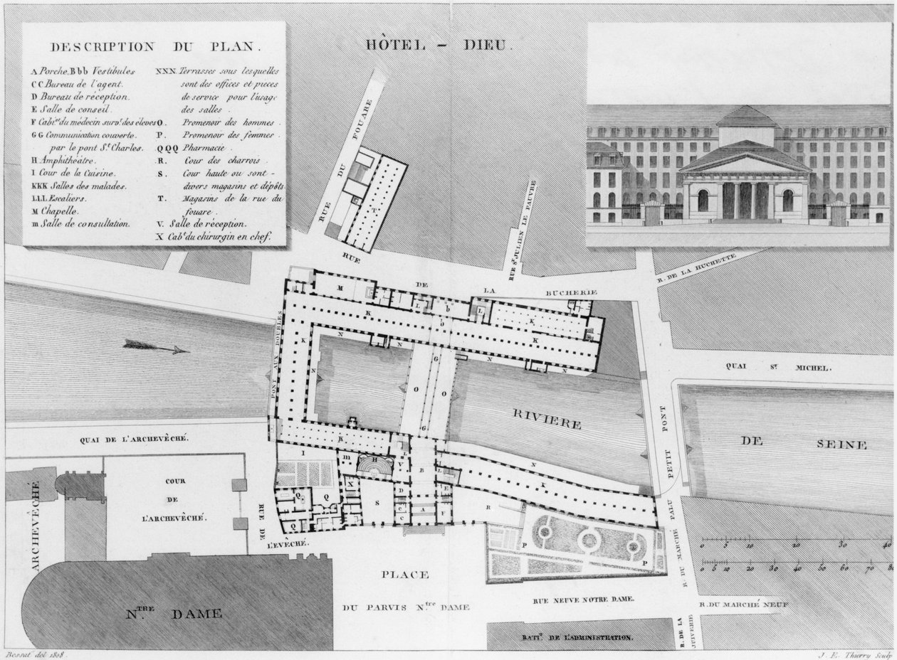 Kort over Hotel-Dieu, Paris, illustration fra Description des Hopitaux de Paris, indgraveret af Jacques Etienne Thierry (1750-1832) efter Bessat, 1808 af French School