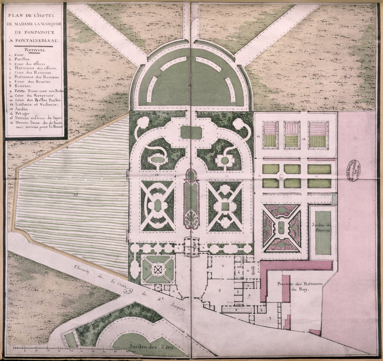 Plan over hotellet Madame de Pompadour i Fontainebleau (farvegravering) af French School