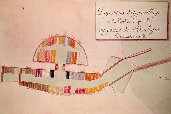 Plan over den kejserlige flotille i havnen i Boulogne den 17. januar 1804 (pen & blæk og wc på papir) af French School