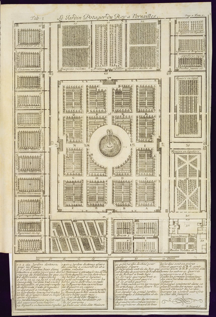 Plan over Kings Vegetable Gardens i Versailles, fra Le Parfait Jardinier, eller Instruction pour les Jardins Fruitiers et Potager, af Jean de la Quintinye, udgivet 1695 af French School