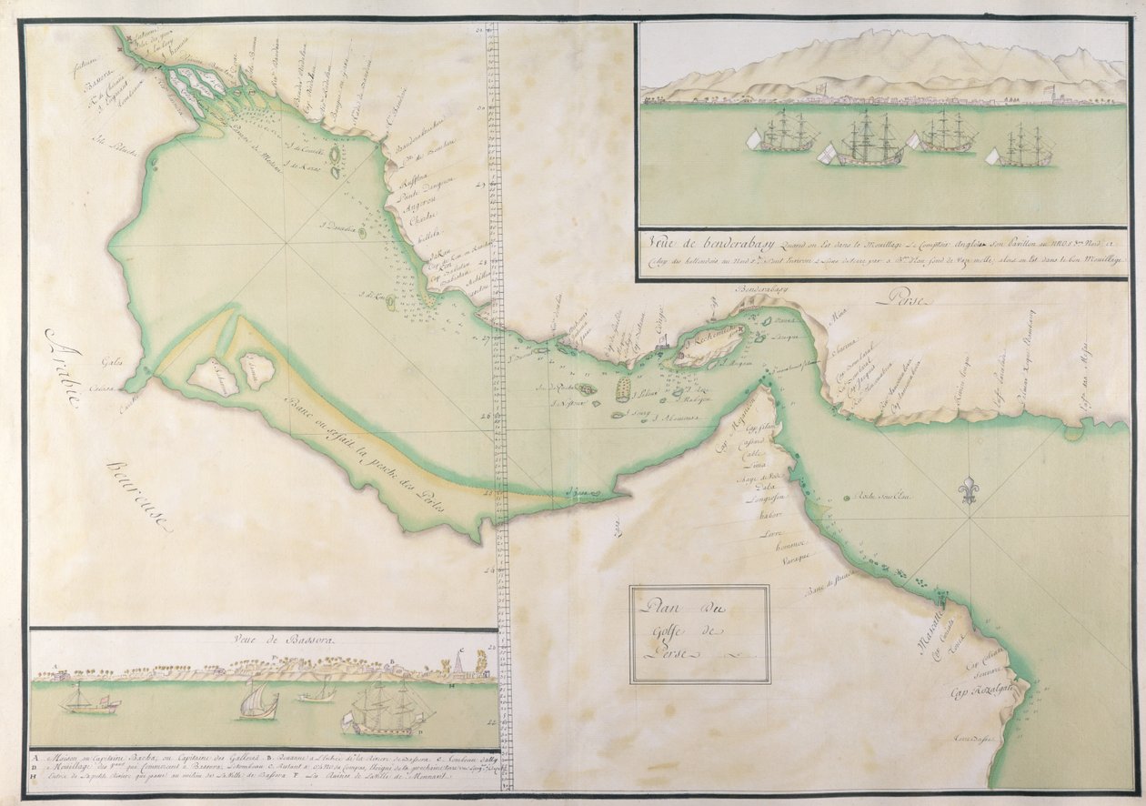 Plan over Den Persiske Golf (håndfarvet gravering) af French School