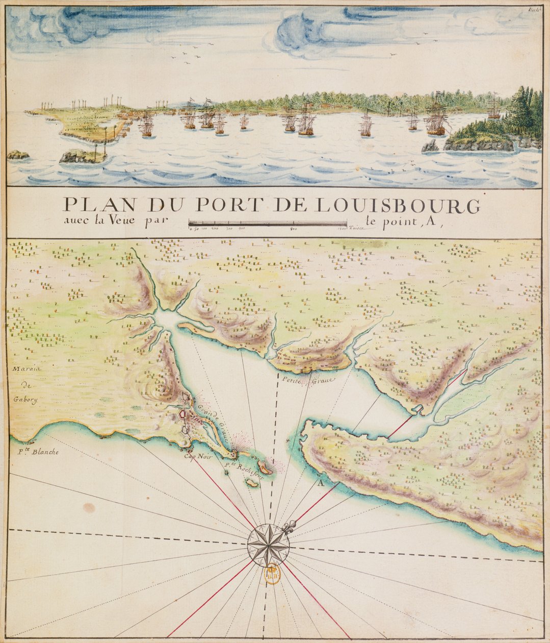 Plan over havnen i Louisbourg (wc på papir) af French School
