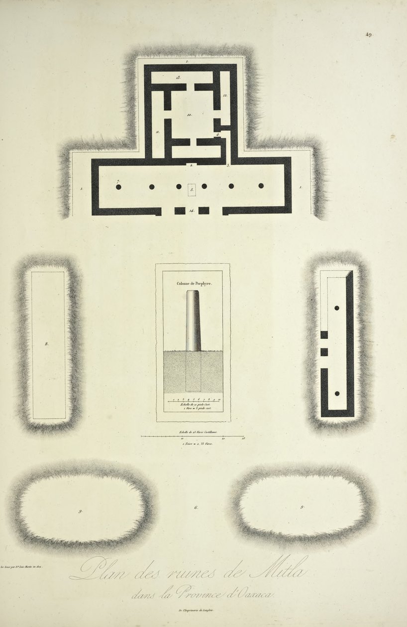 Plan over ruinerne af Mitla i provinsen Oaxaca, illustration fra 