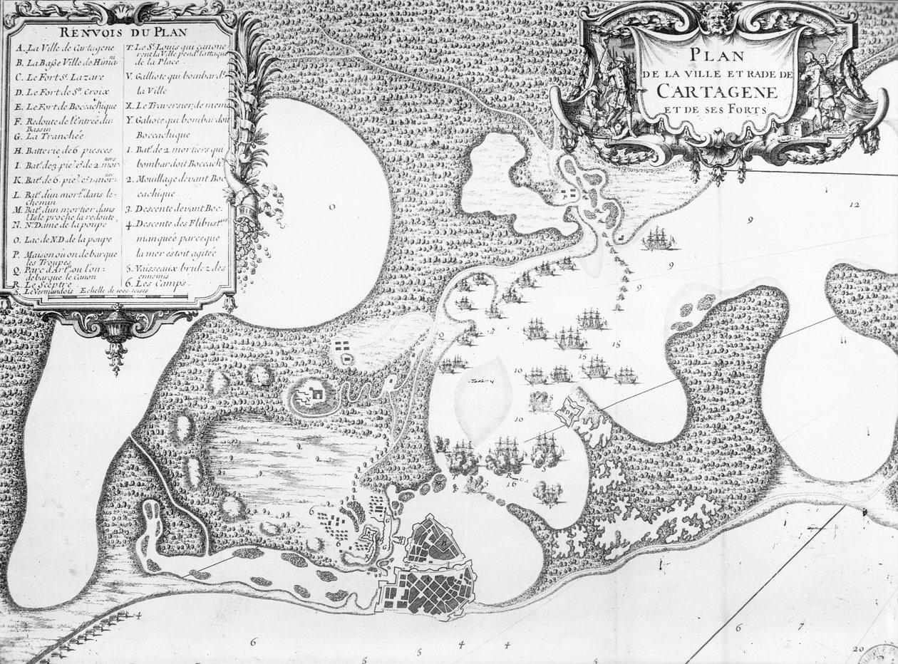 Plan over byen og havnen i Cartagena, Colombia, i 1697 af French School