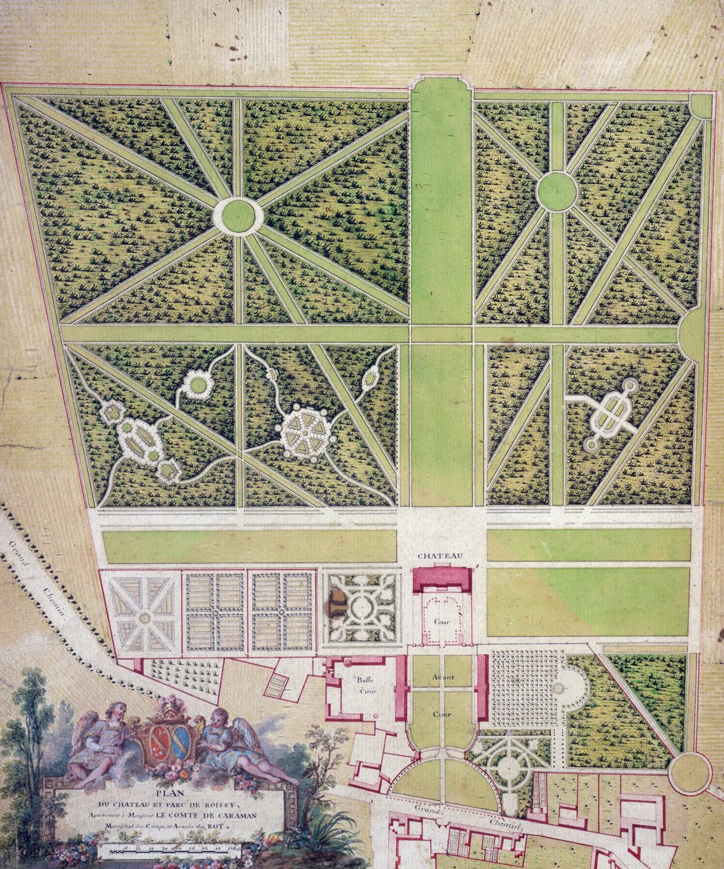 Plan over slottet og parken ved Roissy, der tilhører Comte de Caraman (pen og blæk & wc på papir) af French School