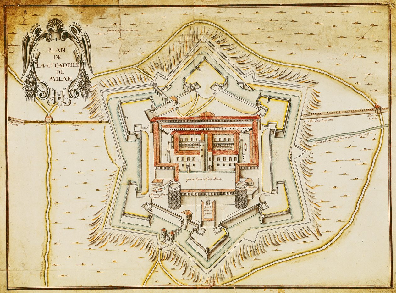 Plan over citadellet i Milano (pen & blæk og wc på papir) af French School