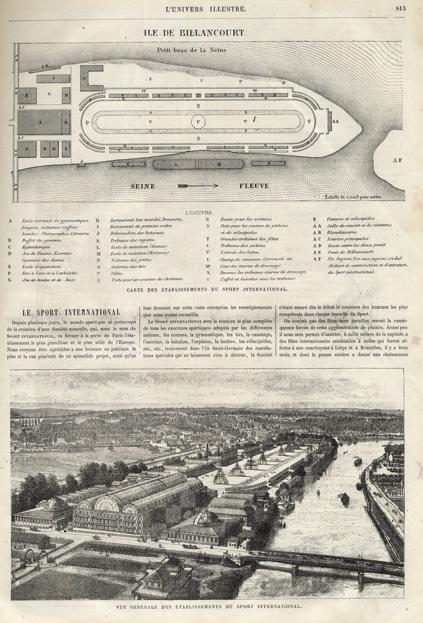 Plan for etableringen af International Sport, som skal bygges på øen Billancourt i 1869 - overblik over etableringen af international sport på øen Billancourt i 1869 af French School