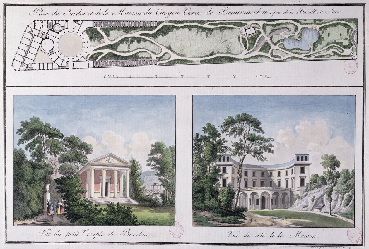 Plan over haven og huset bygget til Pierre Augustin Caron de Beaumarchais (1732-99) af Lemoine, ca. 1784 af French School