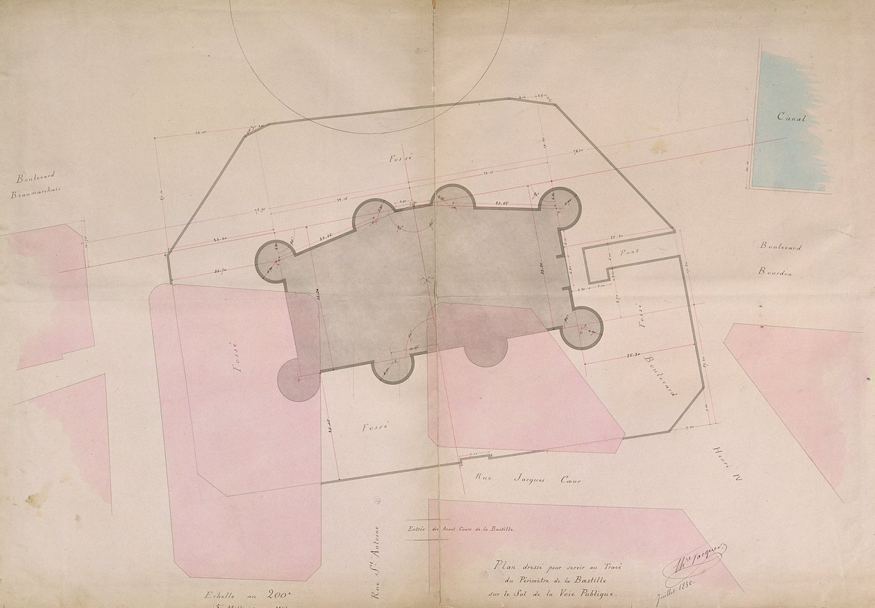 Plan, der viser Bastillens perimeterlinjer, 1830 af French School