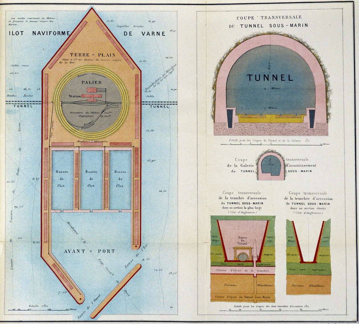 Planer for "" Minde om planerne for det nye projekt af en undervandstunnel mellem England og Frankrig produceret på verdensudstillingen i 1867"" af M.A. Thomé de Gamond af French School