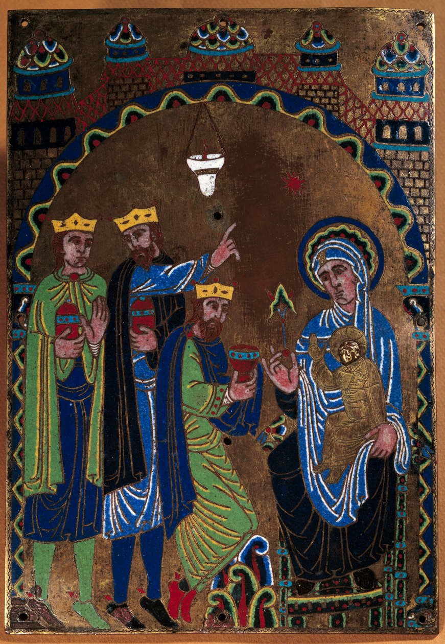 Plade af det store alter i Abbey of Grandmont: Adoration of the Magi. Emaljedore og mejsel på kobber. 1275-1300. Fra Limoges. Paris, Nationalmuseet for middelalderen, Thermes de Cluny af French School