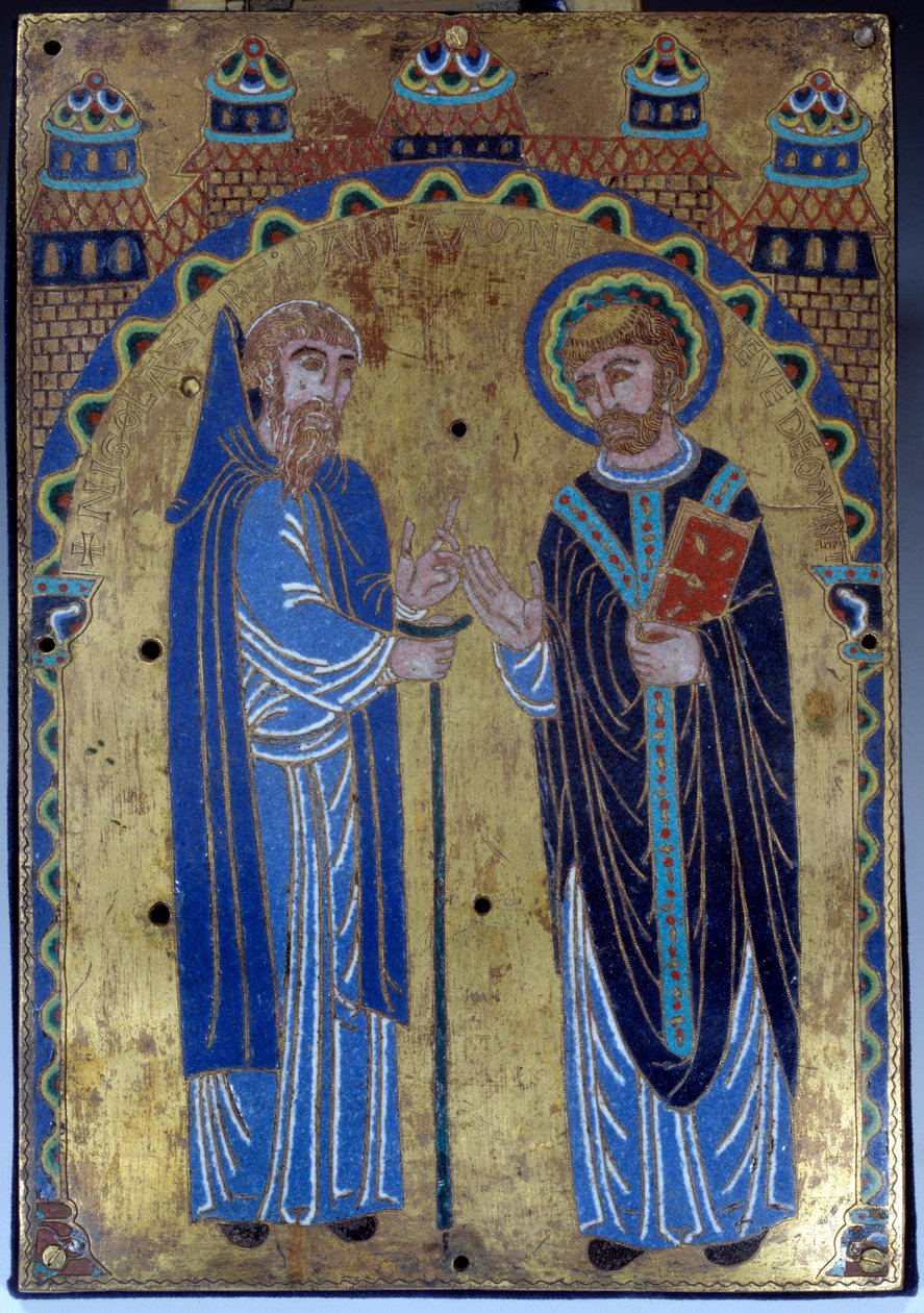 Plade på det store alter i Grandmont-klostret, der repræsenterer den hellige Stephen af Muret, grundlæggeren af Grandmont-ordenen, med hans foretrukne discipel Hugues Lasert (Lacerta). E-mail fra Limoges. 1375-1400. Museum for middelalderen i Cluny, Paris af French School
