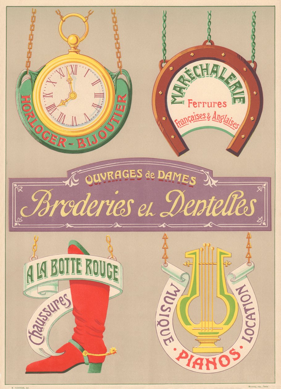 Tavle nr. 15: Skiltemodeller til jugendstil bogstavmaler (Watcher-Jeweller, Marechalery, Brodery and Lace, Sko, Musikklaverer). af French School