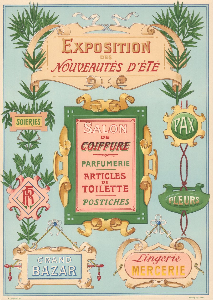 Tavle nr. 17: Skiltemodeller til art nouveau-maler (udstilling, frisørsalon, basar, sybeholdere). af French School