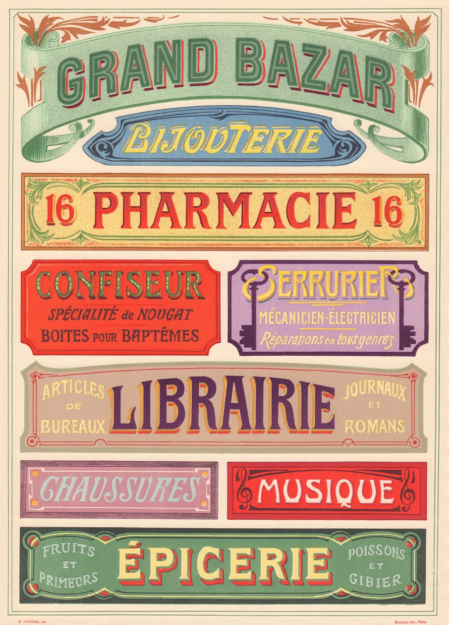 Tavle nr. 18: Skiltemodeller til jugendstil-brevmaler (Grand bazaar, smykker, apotek, konditor, låsesmed, boghandel, sko, musik, købmand). af French School
