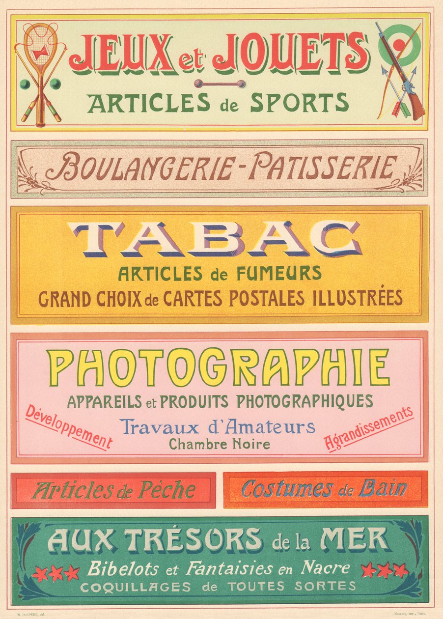 Tavle nr. 20: Skiltemodeller til jugendstil-bogstavmaler (Spil og legetøj, Bageri-Patisserie, Tobak, Fotografi). af French School