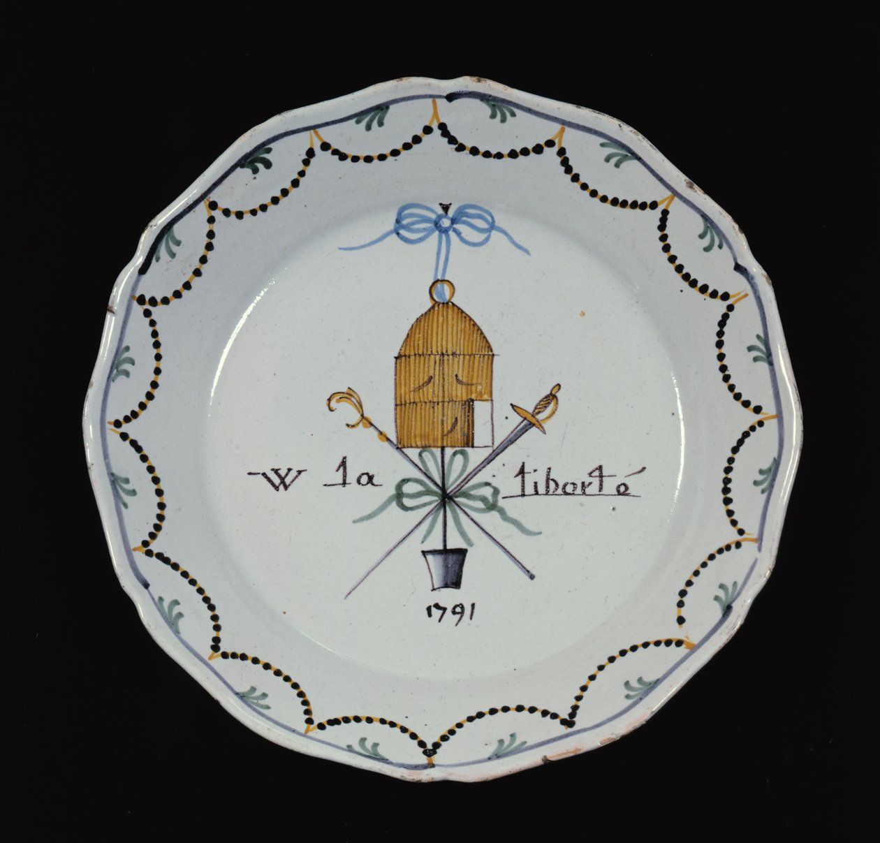 Tallerken med åbent fuglebur og legenden Vive la Liberte, 1791 (keramik) af French School