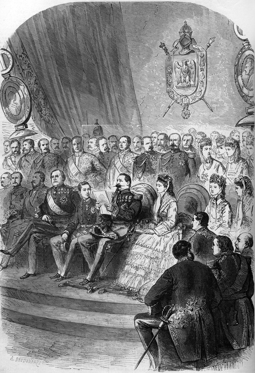 Folkeafstemning af 1870: præsentation af den officielle erklæring om resultaterne til Napoleon III (1808-1883). Til stede er også kejser Eugenie de Montijo (1826-1920), hendes søn Prince Imperial (1856-1879), prinsesserne Mathilde Bonaparte (1820-1904) og  af French School
