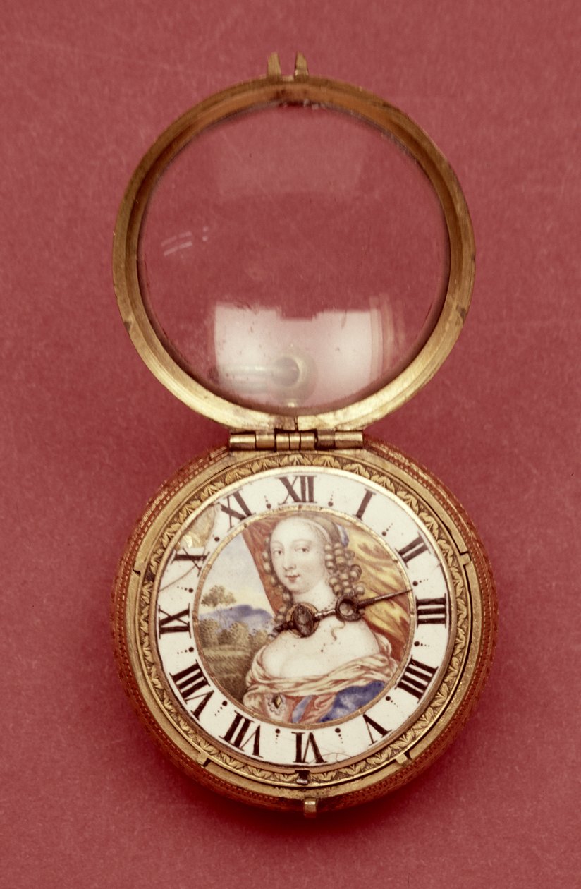 Lommeur med kapitelring i hvid emalje, med et portræt, der siges at være af Anne Marie Louise dOrleans, hertuginde af Montpensier (1627-93), af Jean Hubert, ca. 1650 (metal forgyldt og emalje) af French School