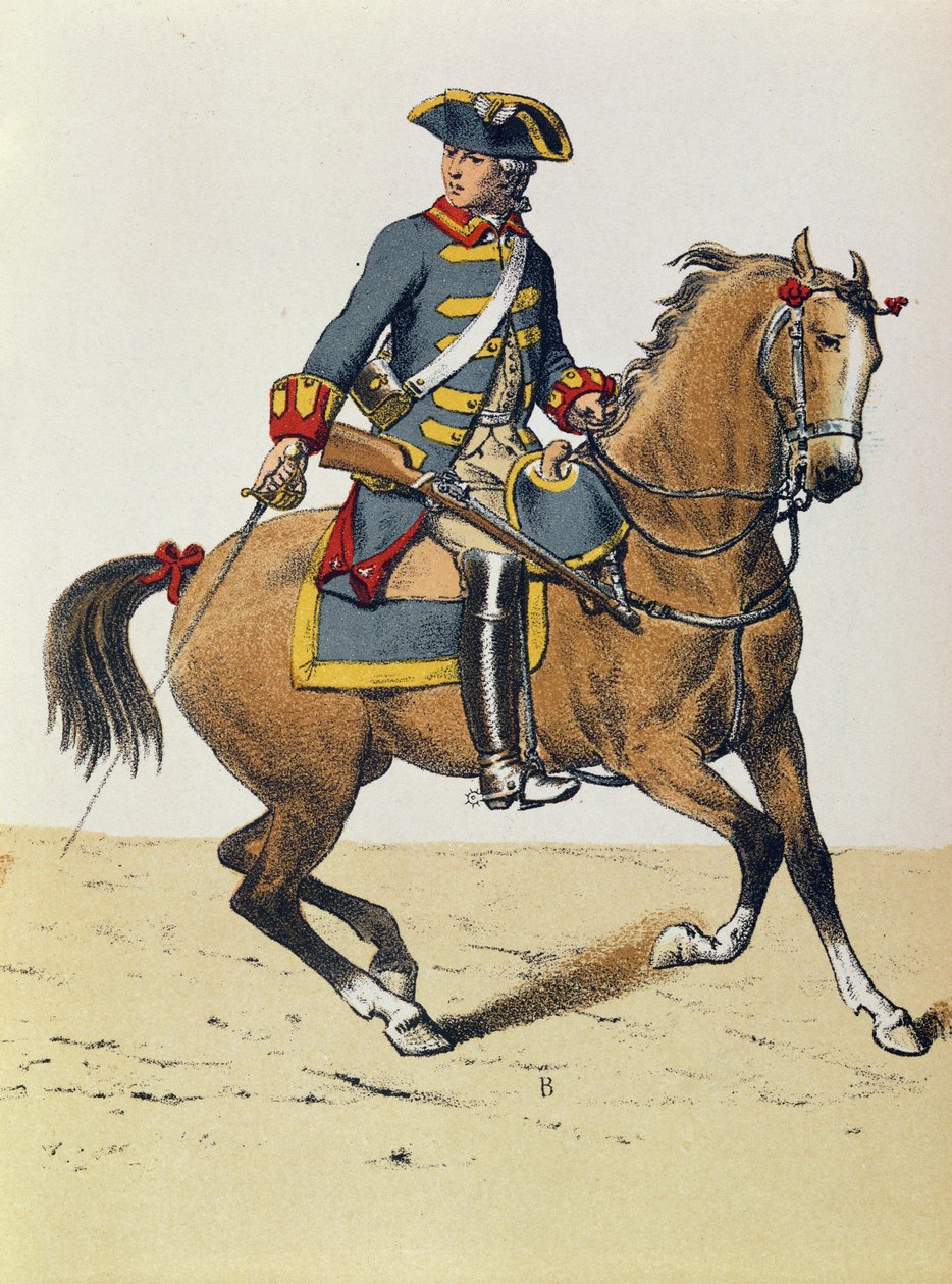 Politibetjent fra ca. 1750 opsat på en hest, 1800-tallet (farvestik) af French School