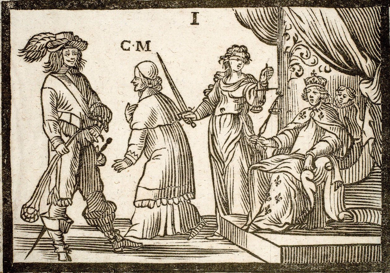 Politiske pamfletter Mazarinade: Mazarin forvist af Retfærdighed og Slynge, forlader kongen (Louis XIII). Graveret træ 1651. af French School