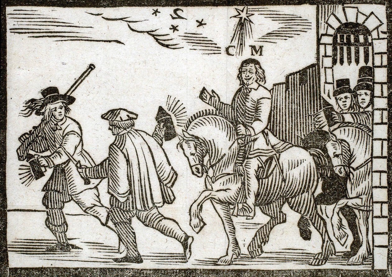 Politiske pjecer Mazarinade: Mazarin flygter fra Paris på hesteryg, midt om natten, efterfulgt af to betjente, der bærer lanterner. Graveret træ 1651 af French School