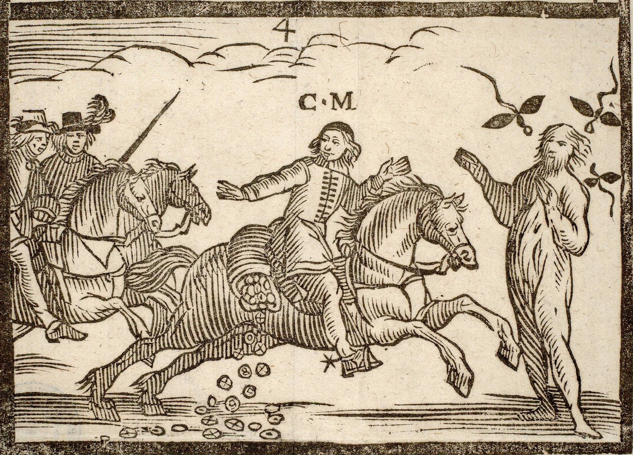 Politiske pamfletter Mazarinade: Mazarin i sin flugt falder ecus: skyggen af Concini, Marshal of Anchor, står foran ham. Graveret træ 1651. af French School